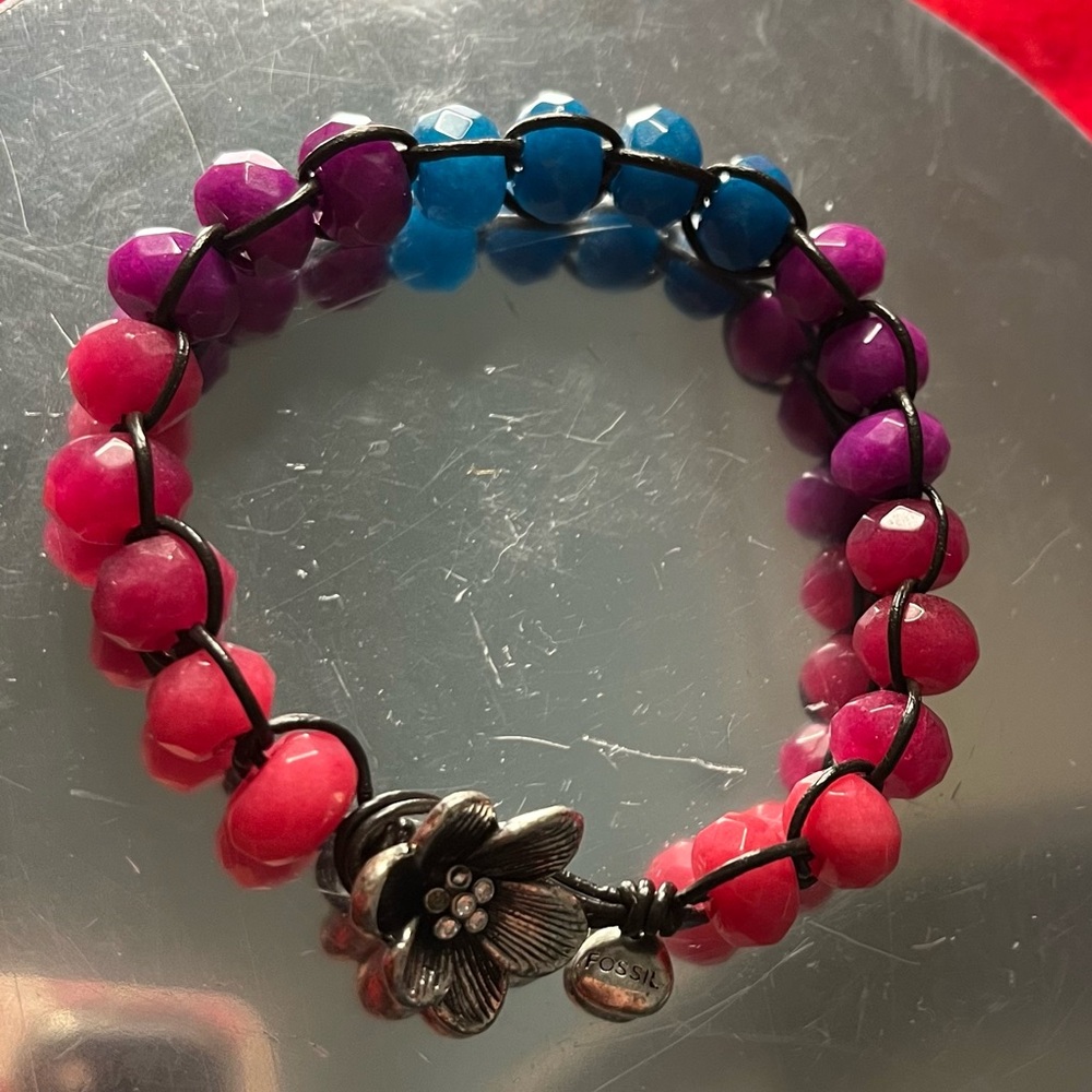 Fossil Multicolor Beaded Bracelet with Flowers clasp
